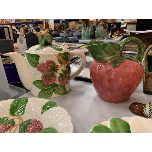 169 - A SELECTION OF FRUIT DU JOUR CERAMICWARE BY SHAFFORD A STRAWBERRY JUG AND A DECORATED WALL HANGER