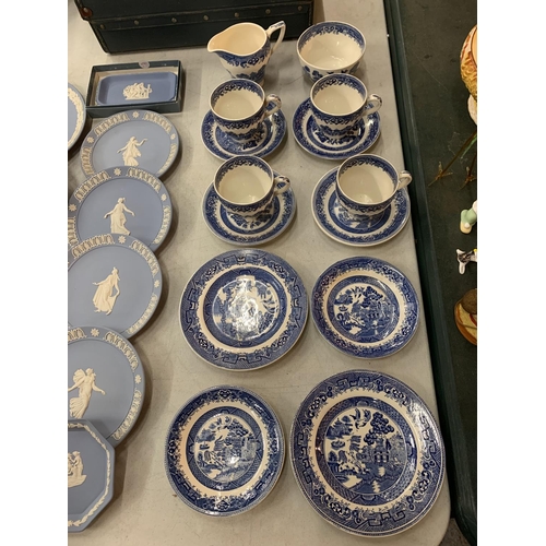 181 - A COLLECTION OF WEDGWOOD JASPERWARE AND A COLLECTION OF BRITISH ANCHOR 'OLD WILLOW' TEA CUPS AND SAU... 