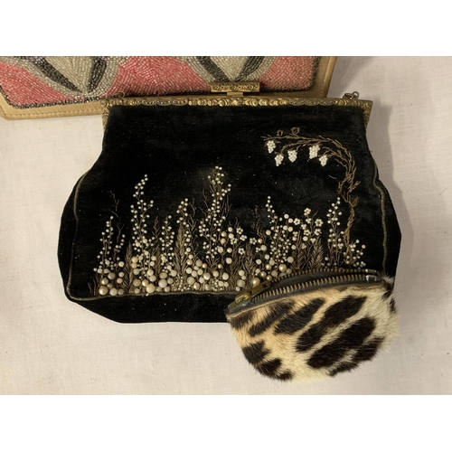 187 - TWO BEADED CLUTCH BAGS AND A SMALL FUR COIN PURSE