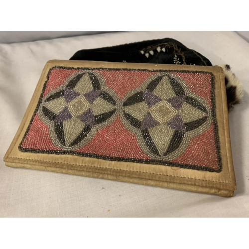 187 - TWO BEADED CLUTCH BAGS AND A SMALL FUR COIN PURSE