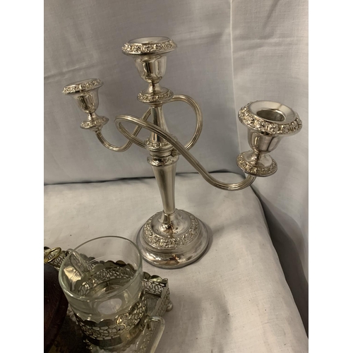 188 - A DECORATIVE TRAY, MATCHING MUGS, CANDLE STICK HOLDER AND A BAROMETER