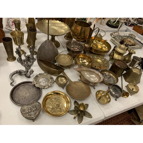 189 - A LARGE COLLECTION OF BRASS AND PLATED ITEMS TO INCLUDE SMALL VASES, BOWLS AND TEAPOTS.