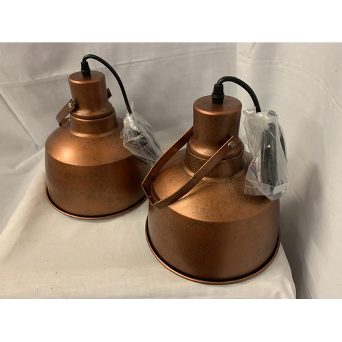 237 - TWO INDUSTRIAL STYLE BRONZE COLOURED CEILING PENDANTS WITH ENAMEL INNER