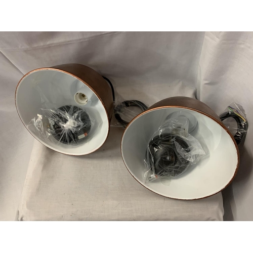 237 - TWO INDUSTRIAL STYLE BRONZE COLOURED CEILING PENDANTS WITH ENAMEL INNER