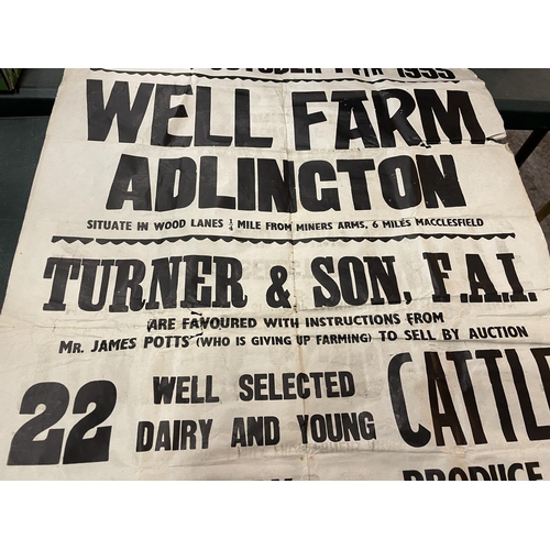 250 - A VINTAGE FARM SALE SIGN 1955 'WELL FARM ADLINGTON' AND PLOT MAP