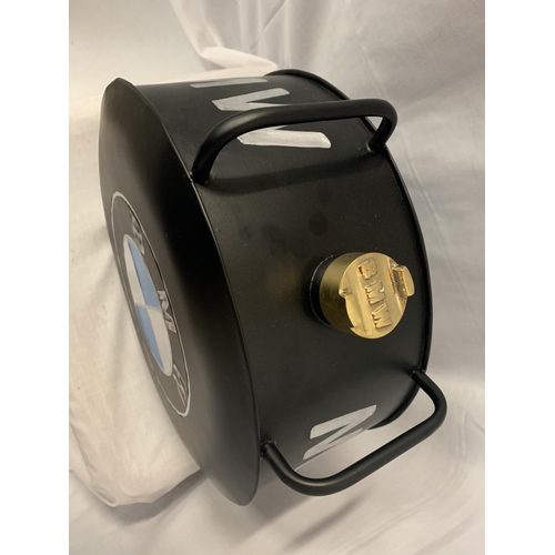 198A - A BLACK BMW PETROL CAN WITH A BRASS TOP