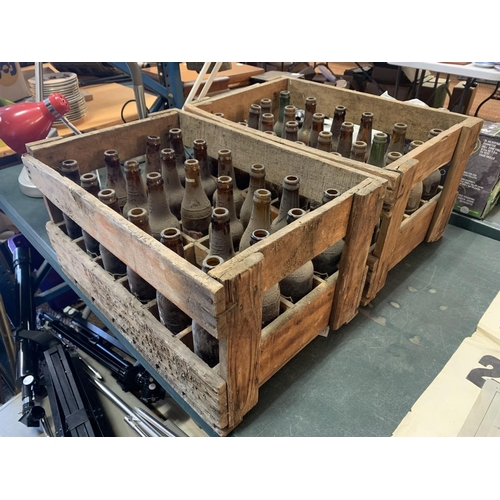 251 - TWO VINTAGE 1950'S  WOODEN BEER ADVERTISING CRATES WITH ORIGINAL BEER BOTTLES