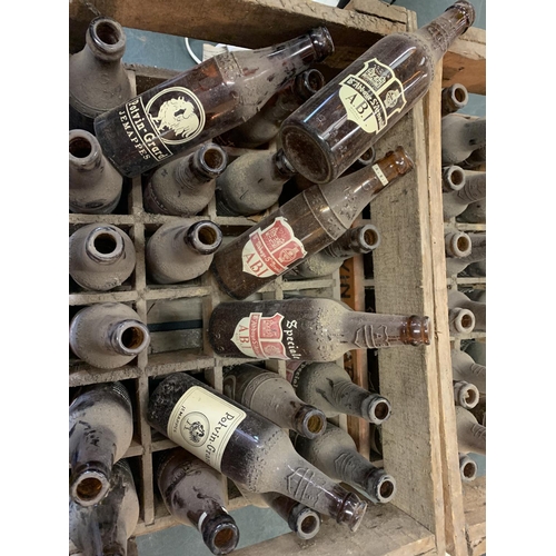 251 - TWO VINTAGE 1950'S  WOODEN BEER ADVERTISING CRATES WITH ORIGINAL BEER BOTTLES