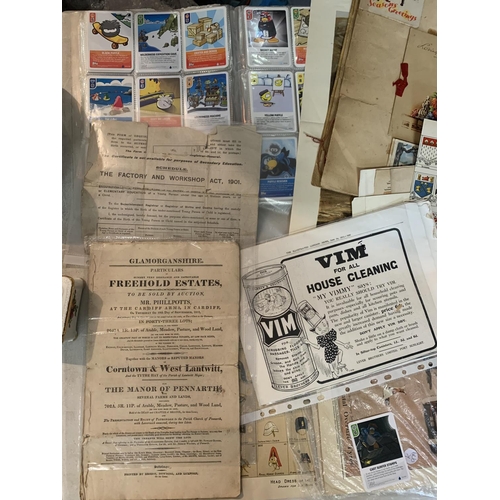 261 - AN ASSORTMENT OF VINTAGE GREETINGS CARDS, NEWSPAPER CUTTINGS AND ADVERTISING PAPERS.