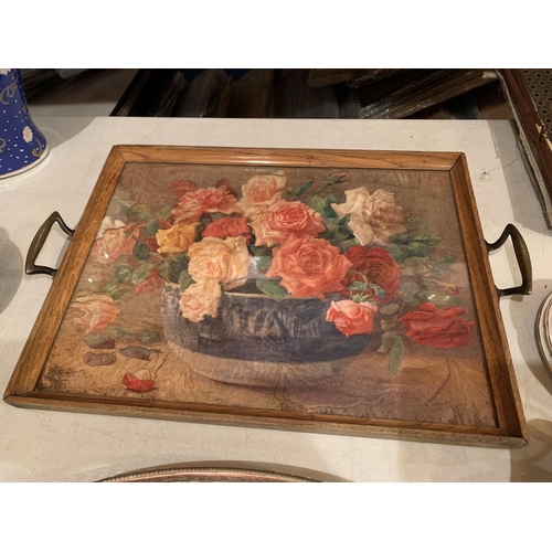 285 - TWO TRAYS TO INCLUDE ONE METAL BRONZE COLOUR OVAL TRAY WITH FLOWER PATTERN AND LATTICE EDGING, ONE W... 