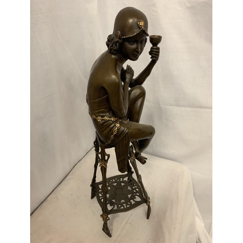 28A - A LARGE BRONZE SCULPTURE OF A DECO STYLE SEATED LADY DRINKING COCKTAILS H:55CM