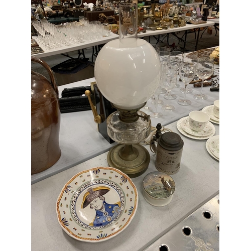 245 - A BRASS AND VINTAGE GLASS ELECTRIC LAMP WITH MILK GLASS SHADE AND GLASS FUNNEL IN THE FORM OF AN OIL... 