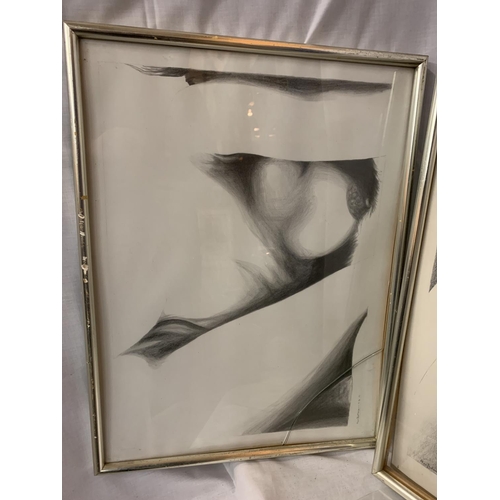 248 - TWO FRAMED EROTIC DRAWINGS SIGNED ALEX EUSTACE (ONE GLASS A/F)