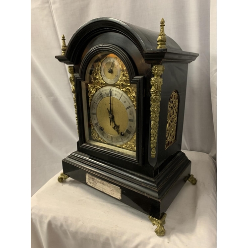 30 - A VICTORIAN EBONISED BRACKET CLOCK WITH SILVERISED DIAL, GILDED DECORATION AND PIERCED SIDE PANELS, ... 