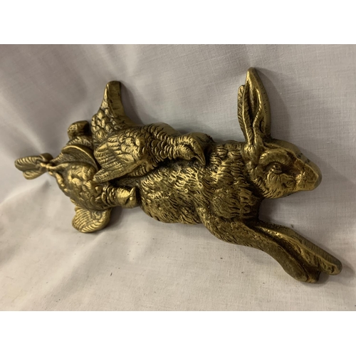 164 - A BRASS HARE AND PHEASANT PLAQUE