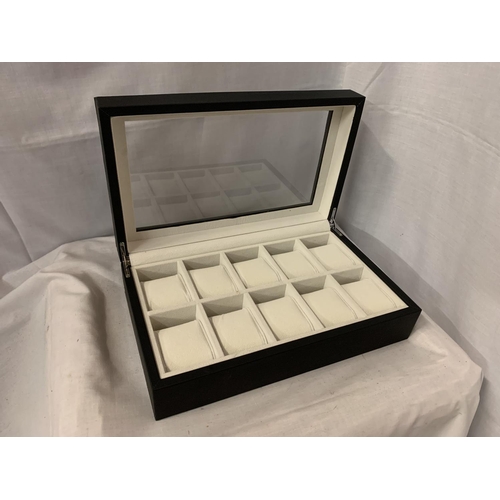 226 - A FAUX LEATHER WATCH DISPLAY PLASTIC LIDDED CASE TO DISPLAY TEN WATCHES