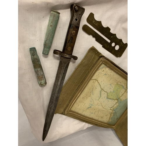 598 - AN 1888 PATTER LEEMETFORD BAYONET WILKINSON SWORD, A 1917 BUTTON POLISHED GUARD AND TWO USA 50 CAL. ... 