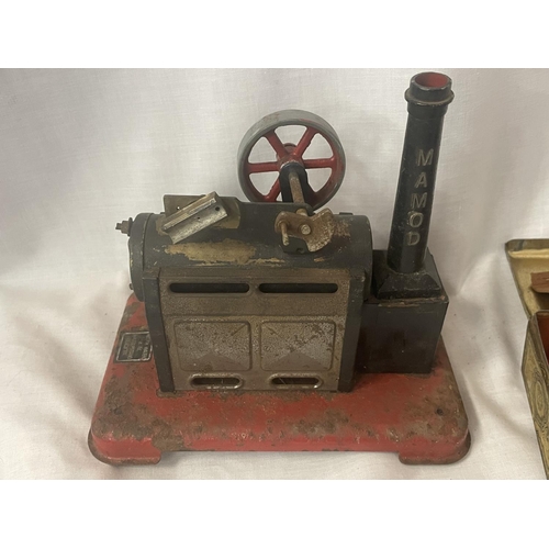 305 - A MAMOD STATIONARY STEAM ENGINE (REQUIRES REBUILDING) AND A VINTAGE TIN CONTAINING VARIOUS PARTS AND... 