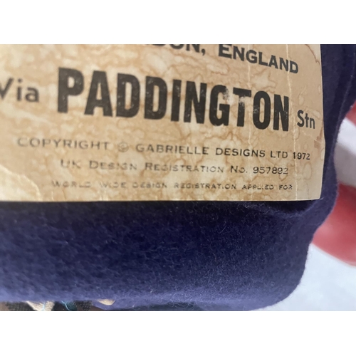 312 - A PADDINGTON BEAR FIGURE WITH LABEL STATING GABRIELLE DESIGNS 1972, DESIGN NUMBER 957892