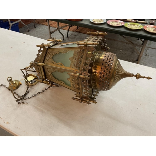 7 - A LARGE ORNATE BRASS CEILING LANTERN 55CM WITH GLASS PANELS