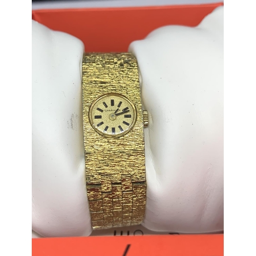 583 - A CARAVELL NEW YORK LADIES YELLOW METAL WRIST WATCH WITH PRESENTAION BOX SEEN WORKING BUT NO WARRANT... 