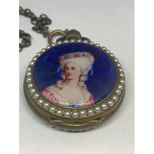 603 - A DEOCRATIVE LADIES POCKET WATCH WITH CHAIN