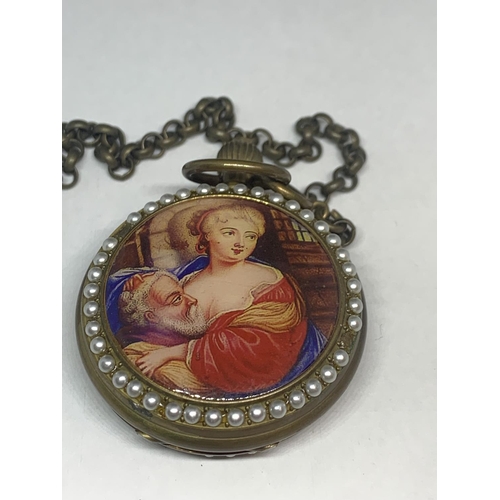 603 - A DEOCRATIVE LADIES POCKET WATCH WITH CHAIN