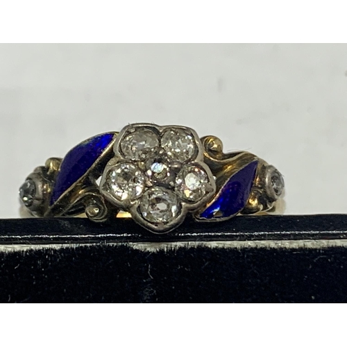 533 - AN ANTIQUE GOLD FIVE STONE DIAMOND FLOWER CLUSTER RING WITH ROYAL BLUE ENAMAL SIZE Q (BELIEVED 200 Y... 