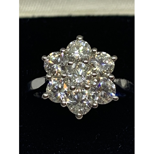 534 - AN 18 CARAT WHITE GOLD FLOWER DESIGN CLUSTER RING WITH 2 CARATS OF DIAMONDS IN A PRESENTATION BOX SI... 