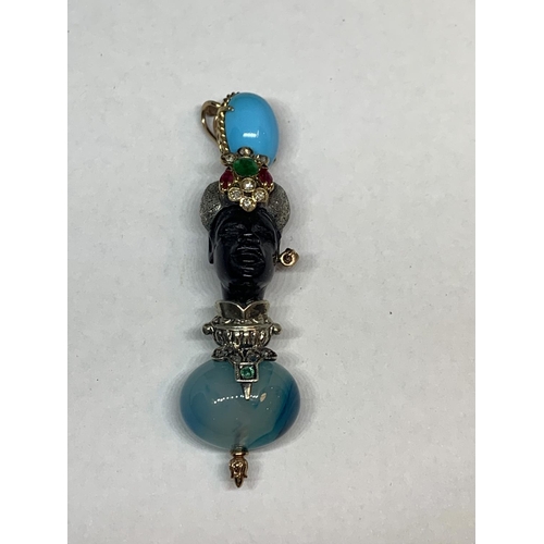 538 - A BLACKAMORE PENDANT OF AN AFRICAN TRIBAL FIGURE WITH RUBYS, EMERALDS AND TURQUOISE STONES BY LUIGI ... 