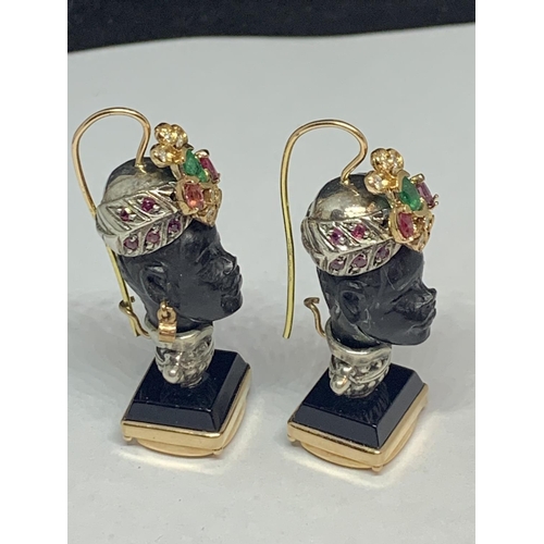 539 - A PAIR OF BLACKAMORE, 14 CARAT GOLD, DIAMOND AND EMERALD EARRINGS IN AN AFRICAN BUST DESIGN