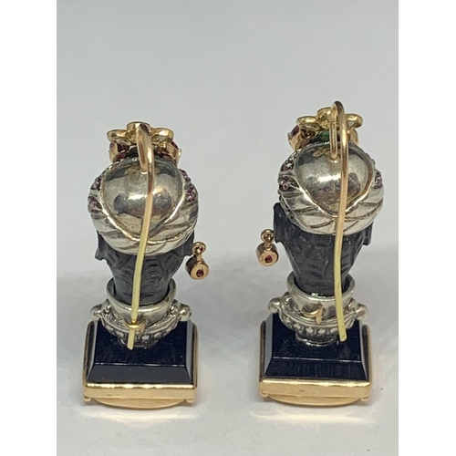 539 - A PAIR OF BLACKAMORE, 14 CARAT GOLD, DIAMOND AND EMERALD EARRINGS IN AN AFRICAN BUST DESIGN