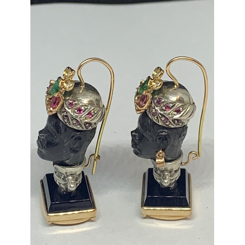 539 - A PAIR OF BLACKAMORE, 14 CARAT GOLD, DIAMOND AND EMERALD EARRINGS IN AN AFRICAN BUST DESIGN