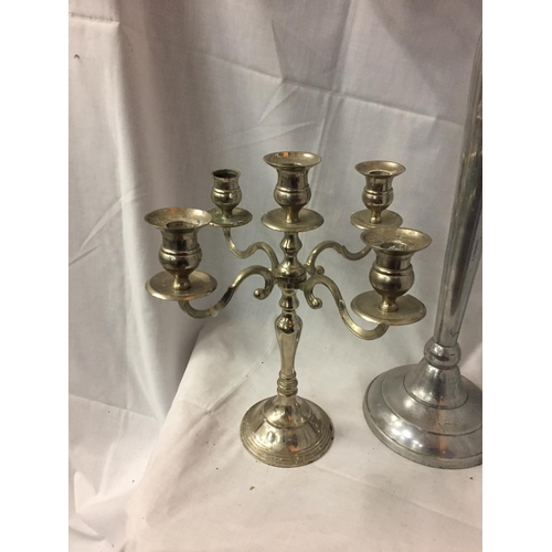 130 - TWO WHITE METAL FIVE CANDLE CANDELABRAS