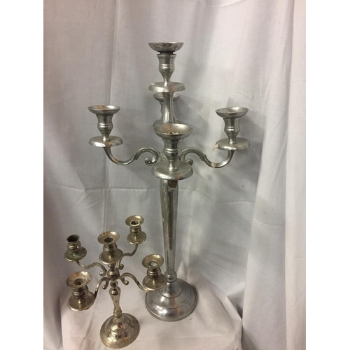 130 - TWO WHITE METAL FIVE CANDLE CANDELABRAS