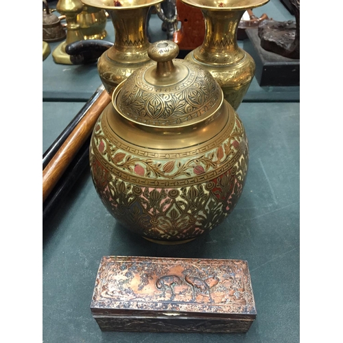 133 - ORNATE BRITISH INDIA BRASS VASES AND GINGER JAR AND A ORNATE LIDDED TIN