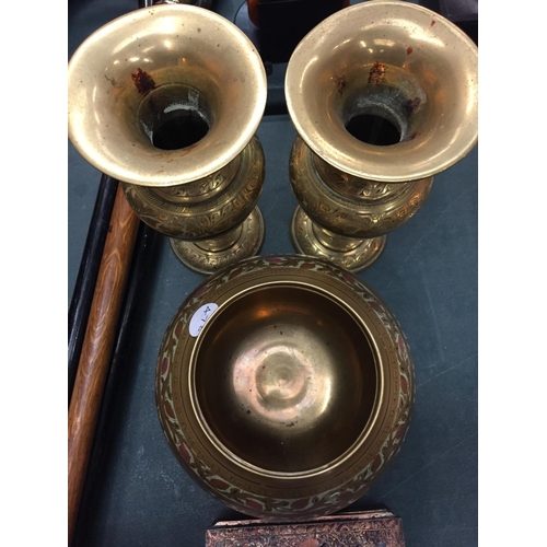 133 - ORNATE BRITISH INDIA BRASS VASES AND GINGER JAR AND A ORNATE LIDDED TIN