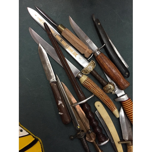 137 - TWELVE ASSORTED KNIVES TO INCLUDE A BOWIE EXAMPLE, BLADE LENGTHS VARY FROM 7CM -19CM