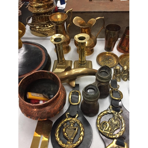 143 - A COLLECTION OF BRASS ITEMS TO INCLUDE CANDLE STICKS, DOOR PLATES AND HORSE BRASSES