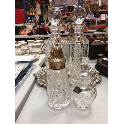 147 - A MIXED COLLECTION OF GLASSWARE TO INCLUDE TWO DECANTERS A CRUET SET AND SUGAR SHAKER