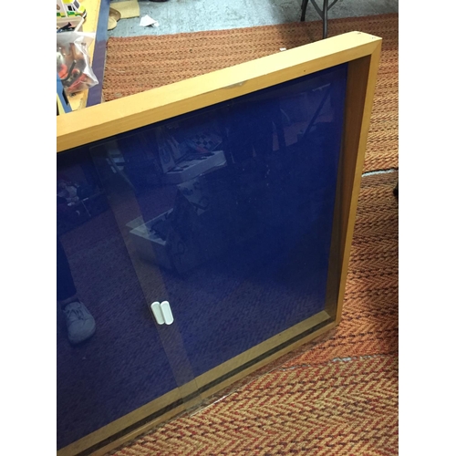 215 - A LARGE DISPLAY CABINET WITH BLUE BAIZE AND TWO SLIDING GLASS DOORS 40