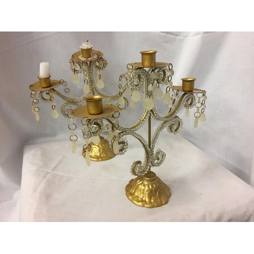 293 - A SET OF TWO MATCHING GILT CANDLE HOLDERS WITH CRYSTAL DECORATION