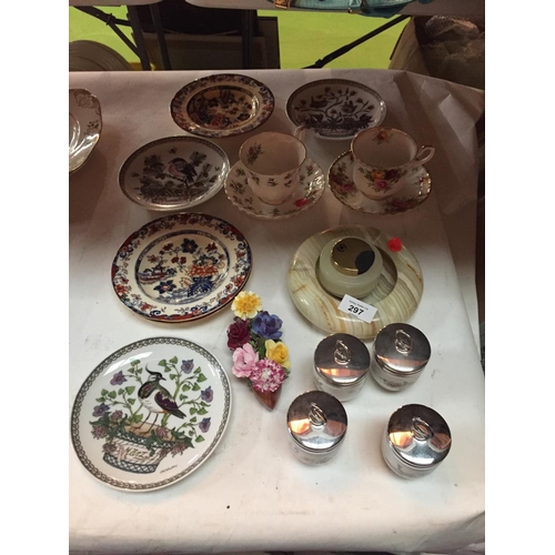 297 - A VARIETY OF CERAMICS. TO INCLUDE PLATES, CUP AND SAUCERS, ASHTRAY AND EGGCUPS