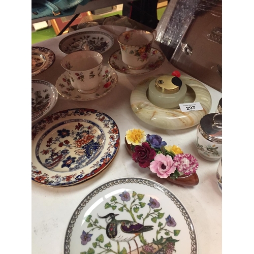 297 - A VARIETY OF CERAMICS. TO INCLUDE PLATES, CUP AND SAUCERS, ASHTRAY AND EGGCUPS