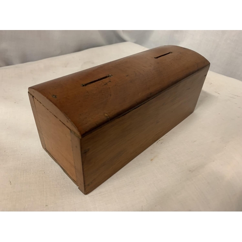 117 - A VINTAGE TREEN MONEY/COLLECTION BOX