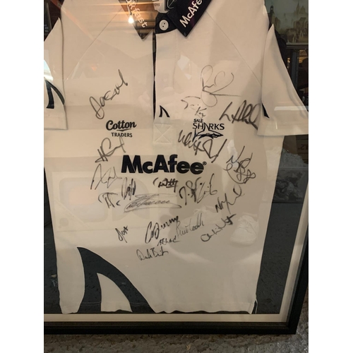 164 - A FRAMED AND SIGNED SALE SHARKS SHIRT AND A SIGNED RUGBY BALL