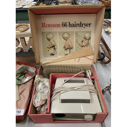 192 - A BOXED RONSON 66 HAIRDRYER WITH A VINTAGE MIRROR AND COMB SET WITH A PICTURE OF A MARE AND FOAL