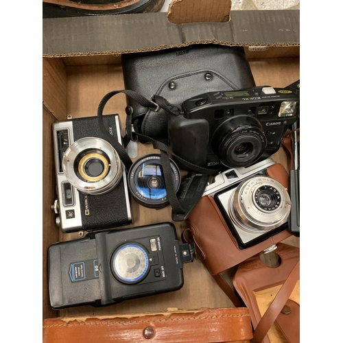 198 - A BOX CONTAINING CAMERAS, A CANON, A YASHICA GSN AND AN AGFA ISOLA AND A PAIR OF NIPOLE BINOCULARS A... 