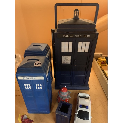 347 - VARIOUS ITEMS TO INCLUDE DR WHO POLICE BOXES, DIE CAST VEHICLES,TRANSFORMER ETC