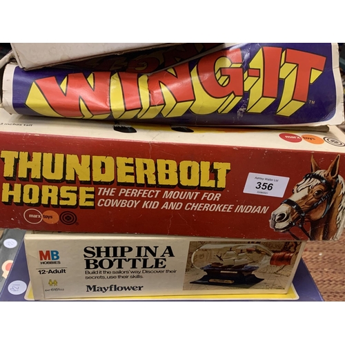 356 - SIX VINTAGE BOXED GAMES TO INCLUDE THUNDERBOLT HORSE, BEAT THE BLACK BALL, KATIE KOPYKAT ETC